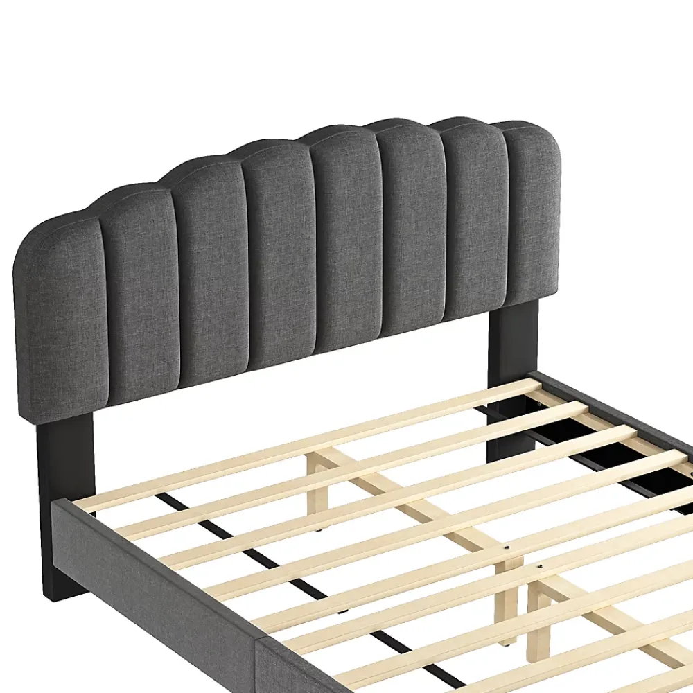 Okwish Lit Double 140x200 cm - Lit Classique avec Tête de Lit Réglable - Lin + MDF - Sans Matelas - Gris* Lit Double
