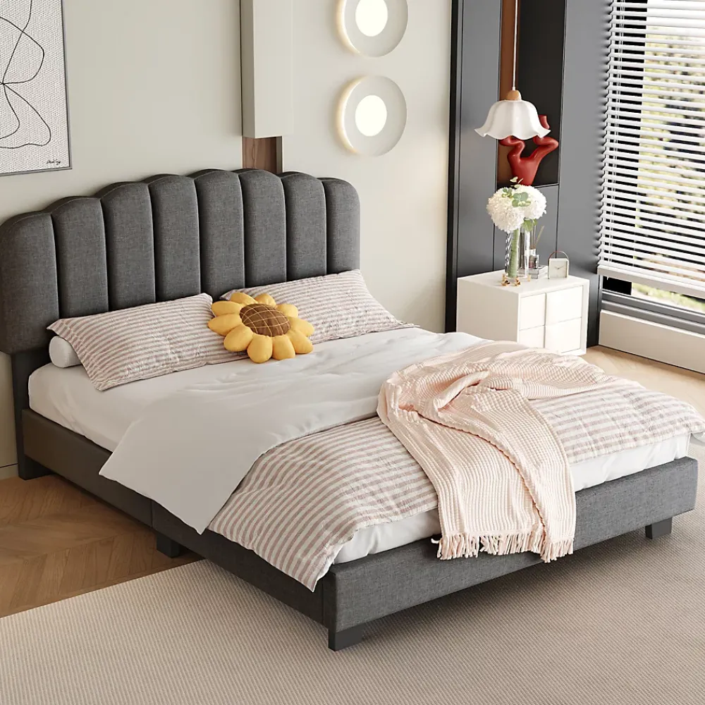 Okwish Lit Double 140x200 cm - Lit Classique avec Tête de Lit Réglable - Lin + MDF - Sans Matelas - Gris* Lit Double