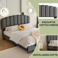 Okwish Lit Double 140x200 cm - Lit Classique avec Tête de Lit Réglable - Lin + MDF - Sans Matelas - Gris* Lit Double