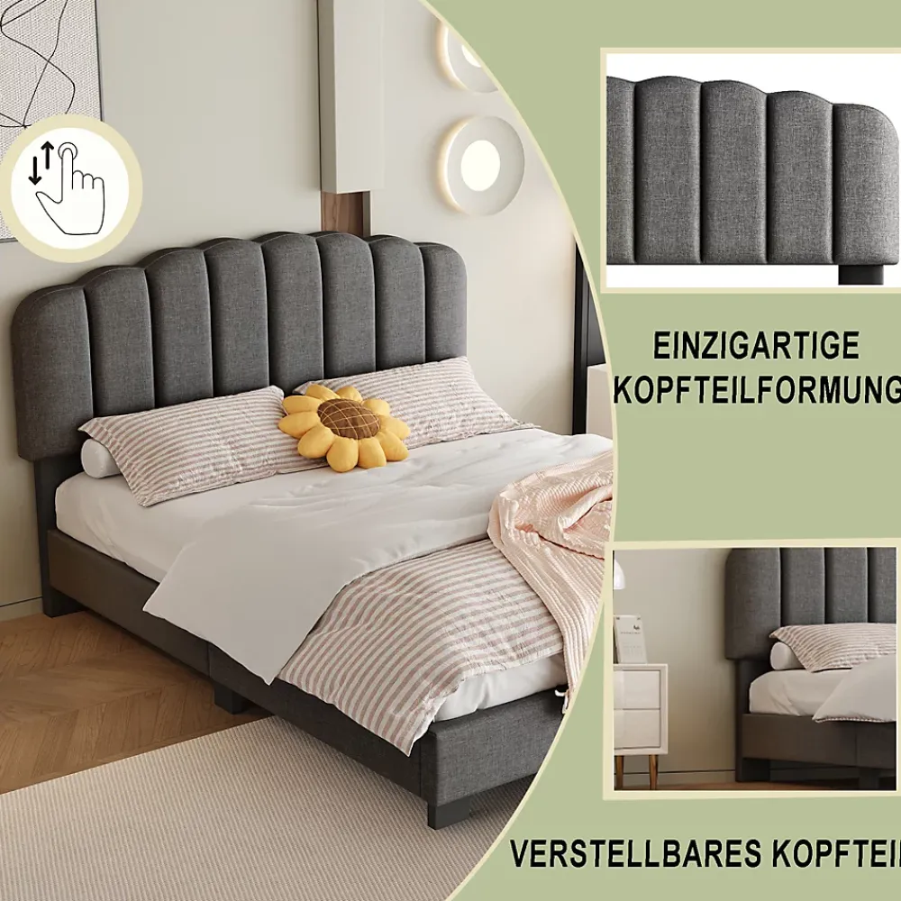 Okwish Lit Double 140x200 cm - Lit Classique avec Tête de Lit Réglable - Lin + MDF - Sans Matelas - Gris* Lit Double