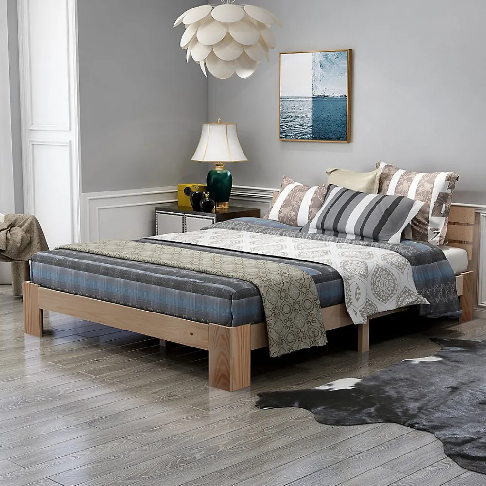 Lit Double 140x200 cm - Lit Double en Bois Massif avec Sommier Inclus, Style Minimaliste, Pin Naturel>Okwish Outlet