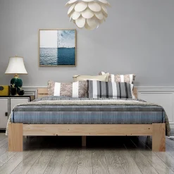 Lit Double 140x200 cm - Lit Double en Bois Massif avec Sommier Inclus, Style Minimaliste, Pin Naturel><noscript><img width=