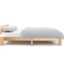 Lit Double 140x200 cm - Lit Double en Bois Massif avec Sommier Inclus, Style Minimaliste, Pin Naturel><noscript><img width=