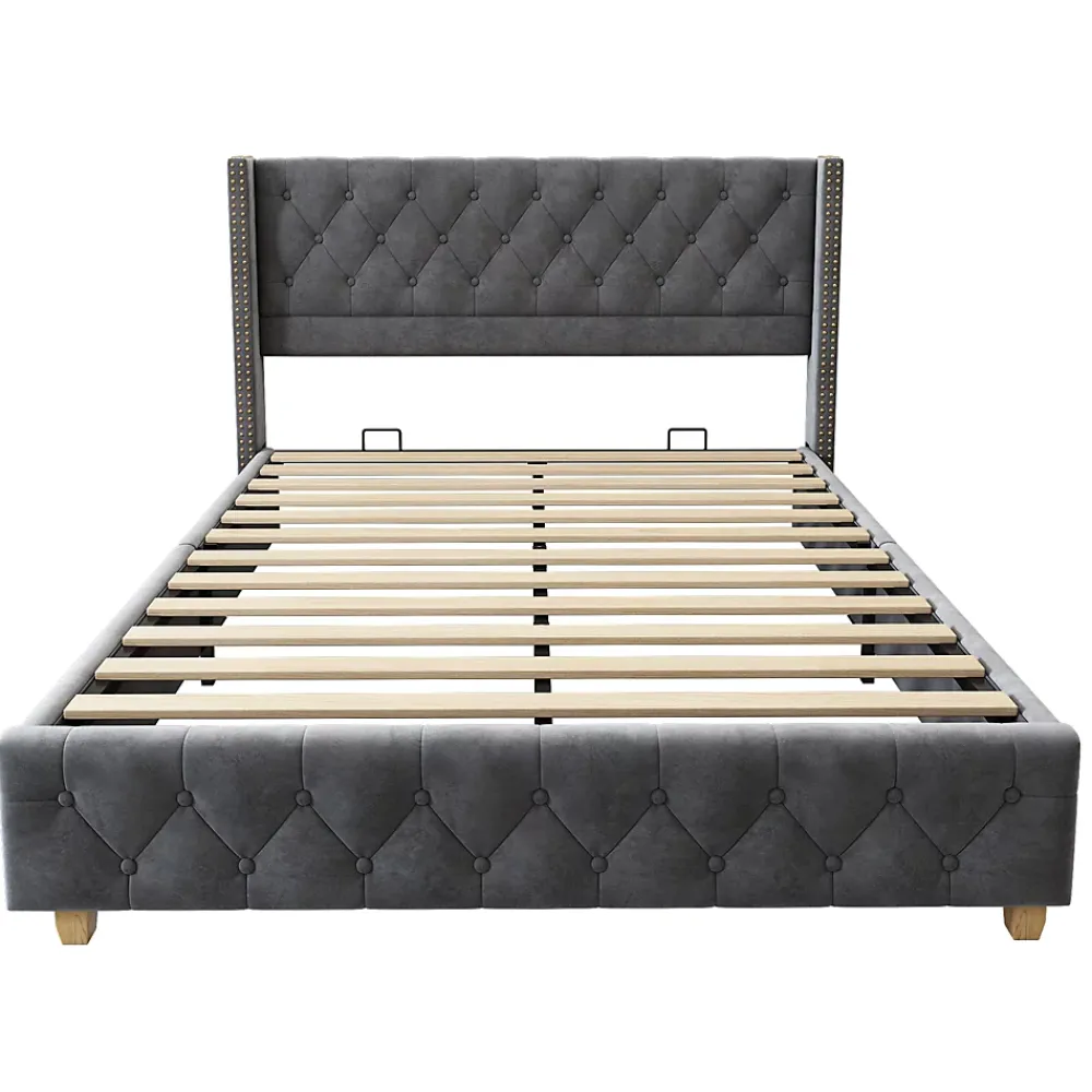 Okwish Lit Double 160x200 cm - Lit Double Rembourré avec Tête Boutonnée et Sommier - Velours - Sans Matelas - Gris* Lit Double