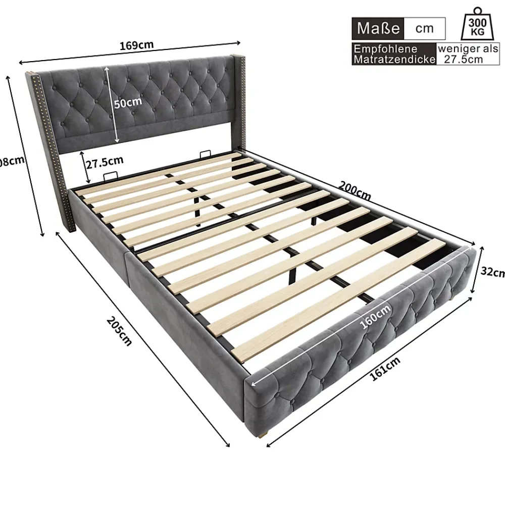 Okwish Lit Double 160x200 cm - Lit Double Rembourré avec Tête Boutonnée et Sommier - Velours - Sans Matelas - Gris* Lit Double