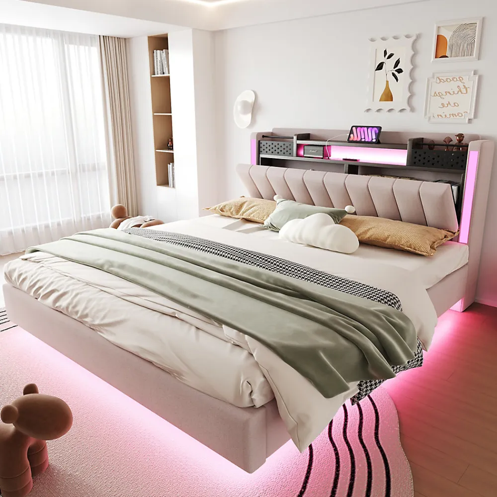 Lit Double 160x200 cm - Lit Double avec Rangement et USB, LED Intégrée, Lin Beige, Sans Matelas>Okwish Sale