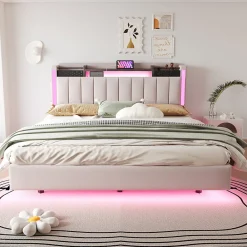 Lit Double 160x200 cm - Lit Double avec Rangement et USB, LED Intégrée, Lin Beige, Sans Matelas><noscript><img width=