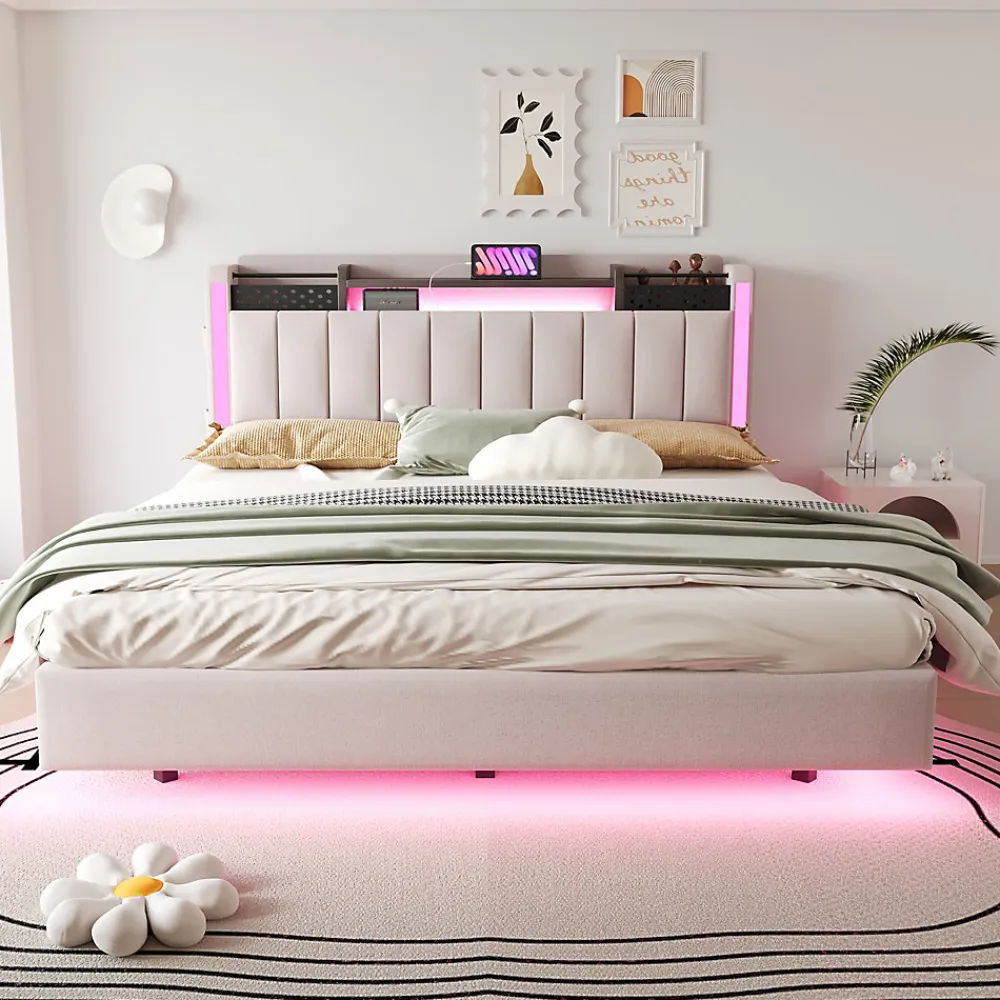 Lit Double 160x200 cm - Lit Double avec Rangement et USB, LED Intégrée, Lin Beige, Sans Matelas>Okwish Sale