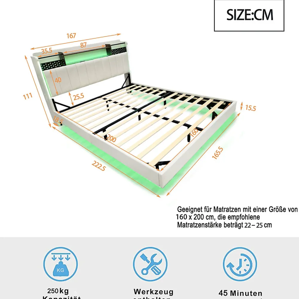 Lit Double 160x200 cm - Lit Double avec Rangement et USB, LED Intégrée, Lin Beige, Sans Matelas>Okwish Sale