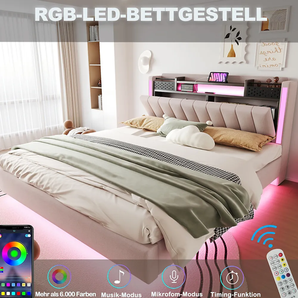 Lit Double 160x200 cm - Lit Double avec Rangement et USB, LED Intégrée, Lin Beige, Sans Matelas>Okwish Sale