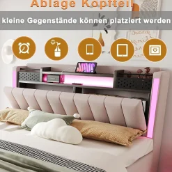 Lit Double 160x200 cm - Lit Double avec Rangement et USB, LED Intégrée, Lin Beige, Sans Matelas><noscript><img width=
