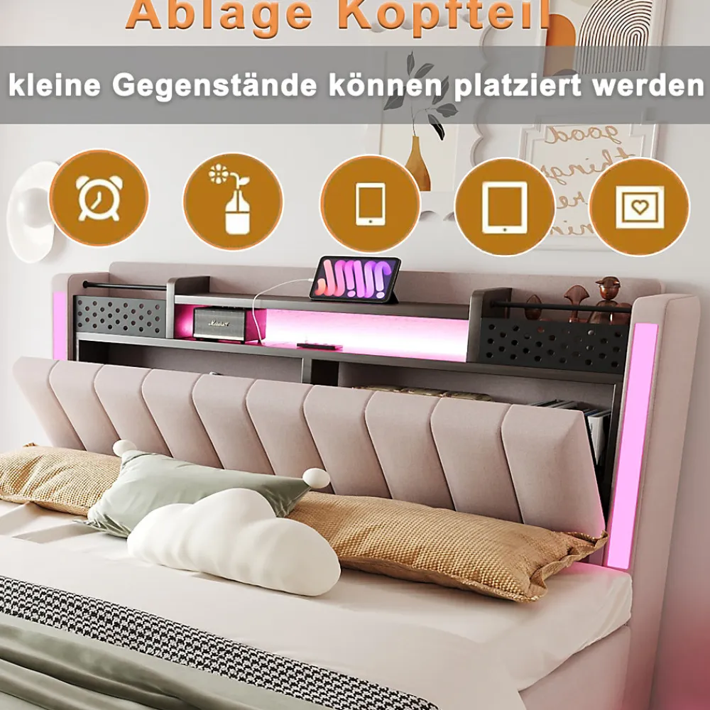 Lit Double 160x200 cm - Lit Double avec Rangement et USB, LED Intégrée, Lin Beige, Sans Matelas>Okwish Sale