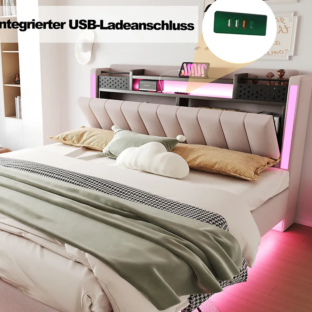 Lit Double 160x200 cm - Lit Double avec Rangement et USB, LED Intégrée, Lin Beige, Sans Matelas>Okwish Sale