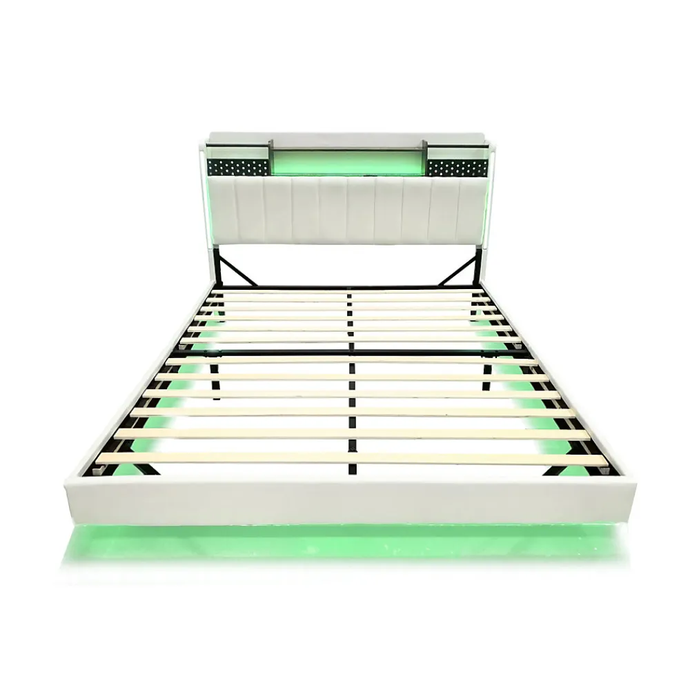 Lit Double 160x200 cm - Lit Double avec Rangement et USB, LED Intégrée, Lin Beige, Sans Matelas>Okwish Sale