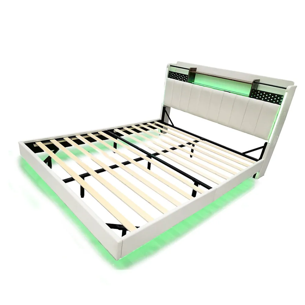 Lit Double 160x200 cm - Lit Double avec Rangement et USB, LED Intégrée, Lin Beige, Sans Matelas>Okwish Sale