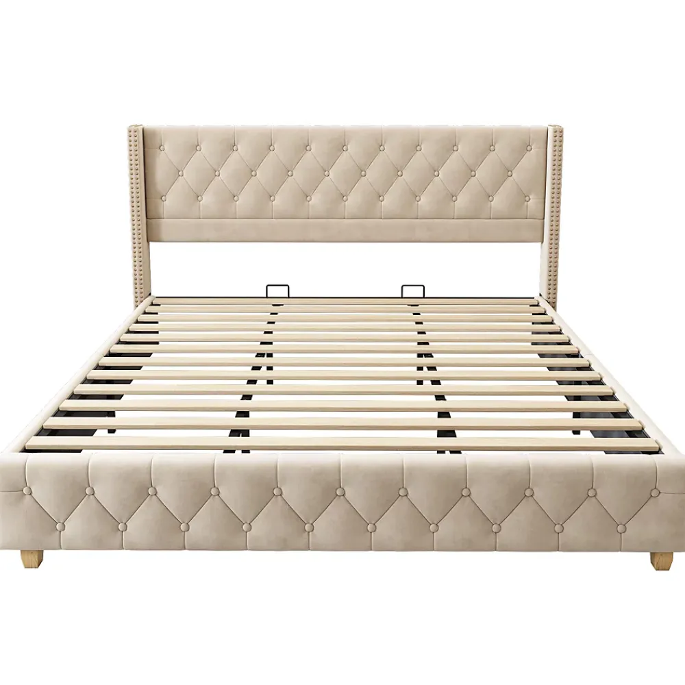 Okwish Lit Double 180x200 cm - Lit Double Rembourré avec Tête de Lit Capitonnée - Velours - Sans Matelas - Beige* Lit Double