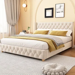 Okwish Lit Double 180x200 cm - Lit Double Rembourré avec Tête de Lit Capitonnée - Velours - Sans Matelas - Beige* Lit Double