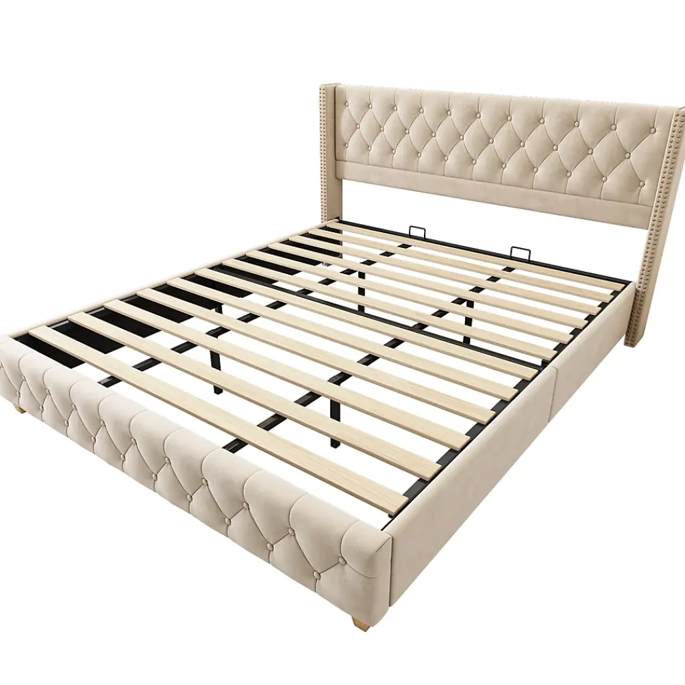 Okwish Lit Double 180x200 cm - Lit Double Rembourré avec Tête de Lit Capitonnée - Velours - Sans Matelas - Beige* Lit Double