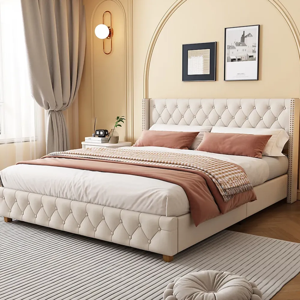 Okwish Lit Double 140x190 cm - Lit Double Rembourré avec Tête Capitonnée et Sommier à Lattes - Lin - Sans Matelas - Beige* Lit Double