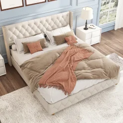 Okwish Lit Double 140x190 cm - Lit Double Rembourré avec Tête Capitonnée et Sommier à Lattes - Lin - Sans Matelas - Beige* Lit Double