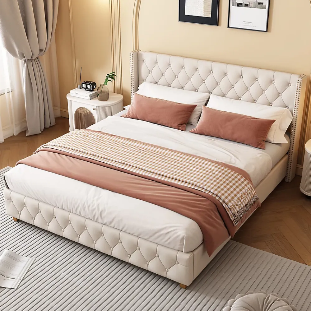 Okwish Lit Double 140x190 cm - Lit Double Rembourré avec Tête Capitonnée et Sommier à Lattes - Lin - Sans Matelas - Beige* Lit Double