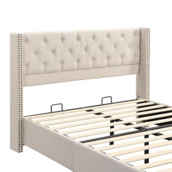 Okwish Lit Double 140x190 cm - Lit Double Rembourré avec Tête Capitonnée et Sommier à Lattes - Lin - Sans Matelas - Beige* Lit Double