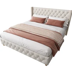 Okwish Lit Double 140x190 cm - Lit Double Rembourré avec Tête Capitonnée et Sommier à Lattes - Lin - Sans Matelas - Beige* Lit Double