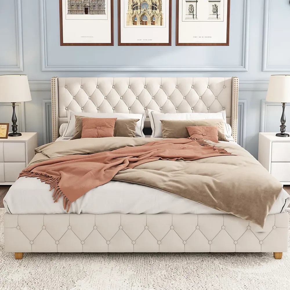 Okwish Lit Double 140x190 cm - Lit Double Rembourré avec Tête Capitonnée et Sommier à Lattes - Lin - Sans Matelas - Beige* Lit Double