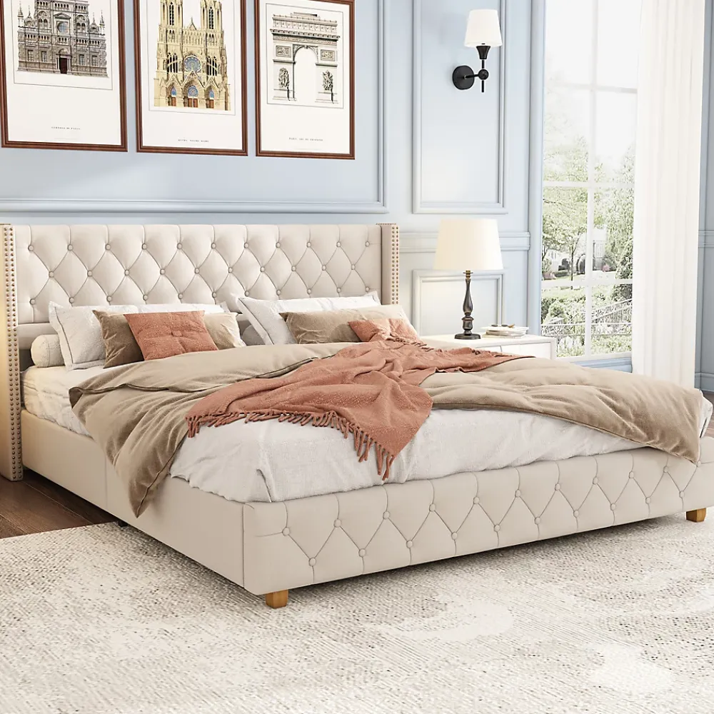 Okwish Lit Double 140x190 cm - Lit Double Rembourré avec Tête Capitonnée et Sommier à Lattes - Lin - Sans Matelas - Beige* Lit Double