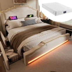 Okwish Lit double 140x200 cm - Lit double capitonné avec 4 Tiroirs, LED et USB-C, Rangement sous Matelas, Velours Beige, Matelas Inclus* Ensemble Sommier Et Matelas