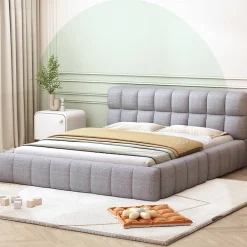 Okwish Lit Double 140x200 cm - Lit Double Ado Capitonné avec Tête de Lit et Sommier Inclus - Cadre en Lin Moderne - Sans Matelas - Gris* Lit Double