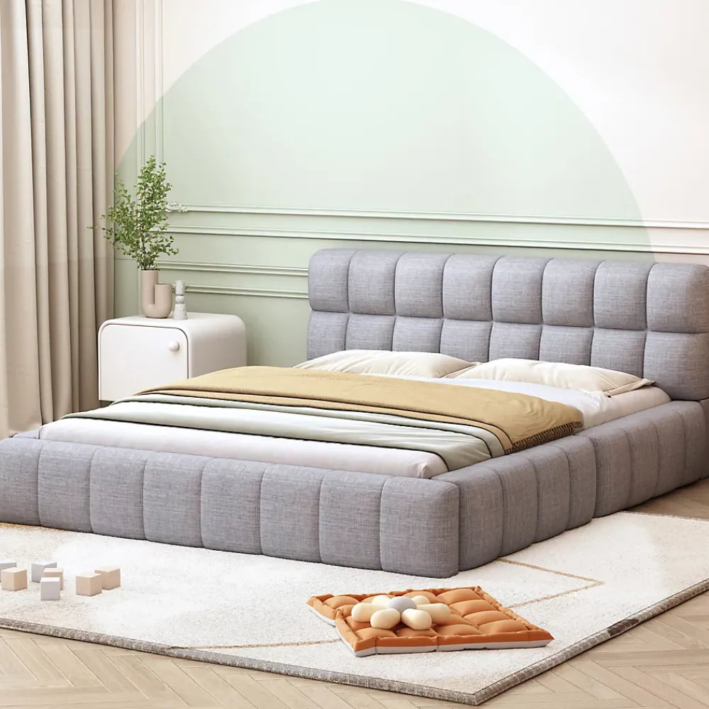 Okwish Lit Double 140x200 cm - Lit Double Ado Capitonné avec Tête de Lit et Sommier Inclus - Cadre en Lin Moderne - Sans Matelas - Gris* Lit Double