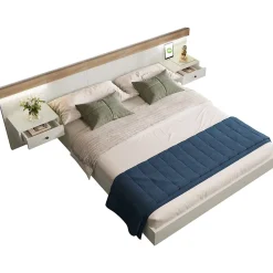 Okwish Lit double 140x200 cm - Lit en bois avec 2 tables de chevet et USB - Bois massif - Sans Matelas - Naturel* Lit Double