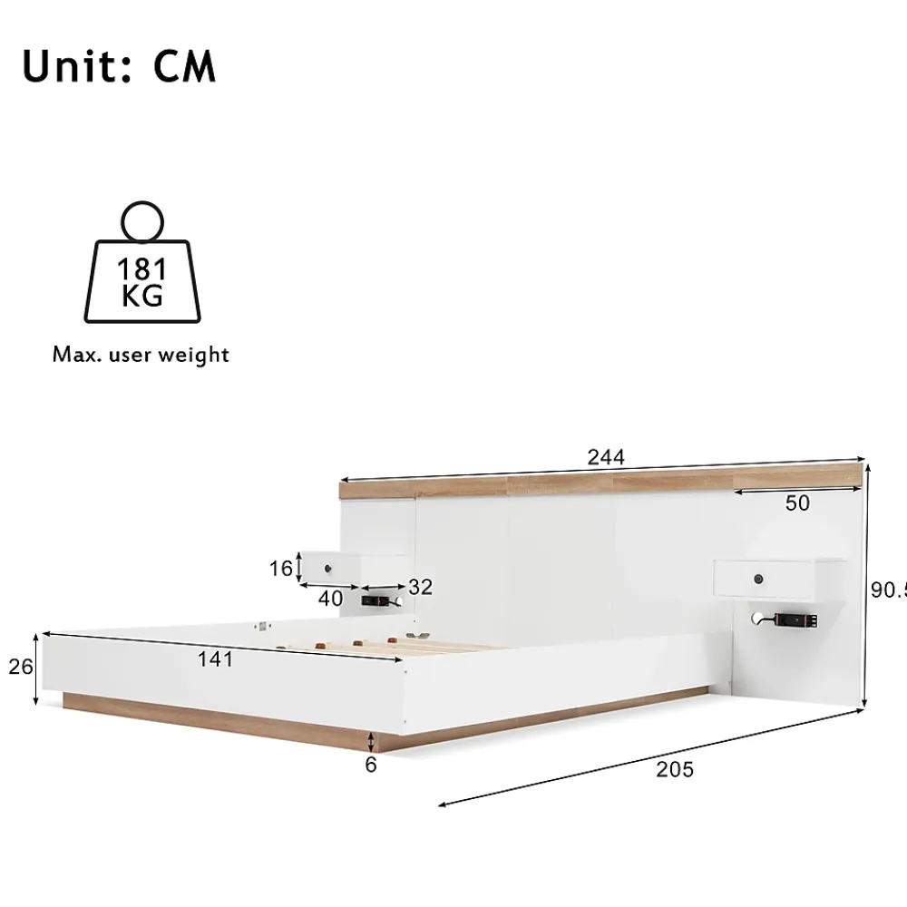 Okwish Lit double 140x200 cm - Lit en bois avec 2 tables de chevet et USB - Bois massif - Sans Matelas - Naturel* Lit Double