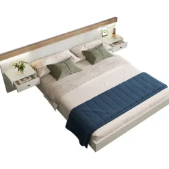 Lit double 160x200 cm - Lit en bois avec 2 tables de chevet et USB - Bois massif - Sans Matelas - Naturel><noscript><img width=