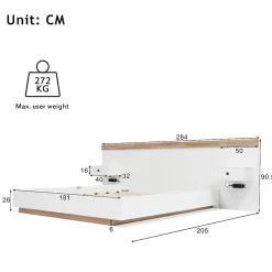 Okwish Lit double 180x200 cm - Lit en bois avec 2 tables de chevet et USB - Bois massif - Sans Matelas - Naturel* Lit Double