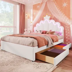 Lit double 140x200 cm - Lit enfant avec 2 rangements - PU + MDF - Sans matelas - Blanc>Okwish New