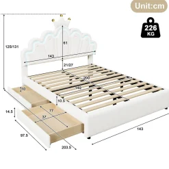 Lit double 140x200 cm - Lit enfant avec 2 rangements - PU + MDF - Sans matelas - Blanc><noscript><img width=