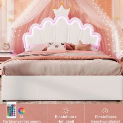Lit double 140x200 cm - Lit enfant avec 2 rangements - PU + MDF - Sans matelas - Blanc><noscript><img width=