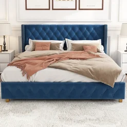 Lit Double 160x200 cm - Lit Rembourré avec Tête de Lit Capitonnée - Velours - Sans Matelas - Bleu><noscript><img width=