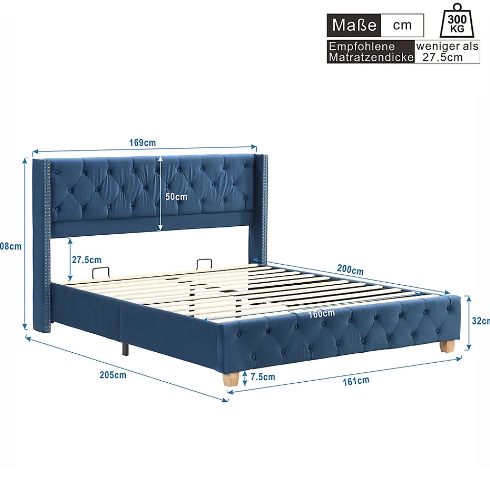 Lit Double 160x200 cm - Lit Rembourré avec Tête de Lit Capitonnée - Velours - Sans Matelas - Bleu>Okwish Hot