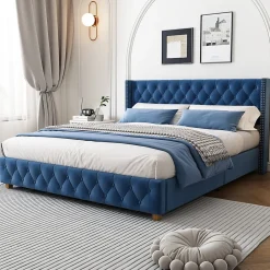 Lit Double 160x200 cm - Lit Rembourré avec Tête de Lit Capitonnée - Velours - Sans Matelas - Bleu><noscript><img width=