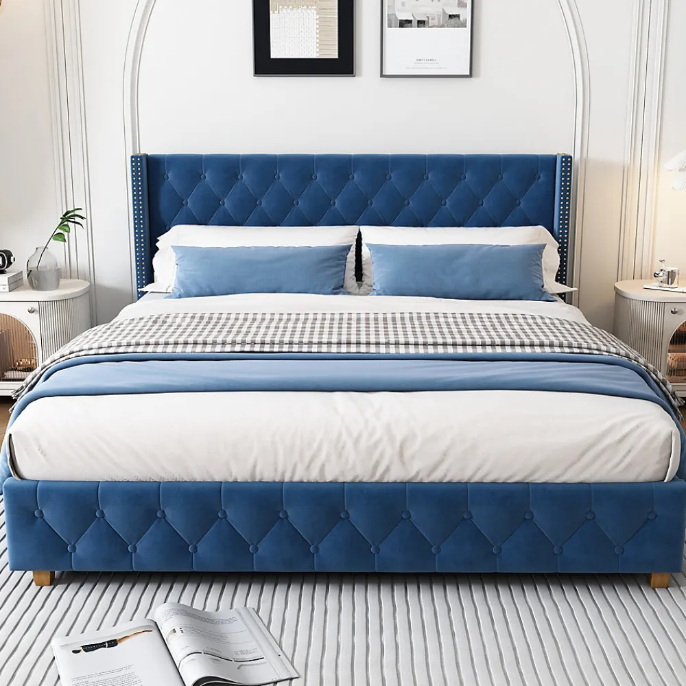 Lit Double 160x200 cm - Lit Rembourré avec Tête de Lit Capitonnée - Velours - Sans Matelas - Bleu>Okwish Hot