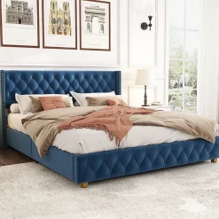 Lit Double 160x200 cm - Lit Rembourré avec Tête de Lit Capitonnée - Velours - Sans Matelas - Bleu><noscript><img width=