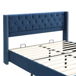 Lit Double 160x200 cm - Lit Rembourré avec Tête de Lit Capitonnée - Velours - Sans Matelas - Bleu><noscript><img width=