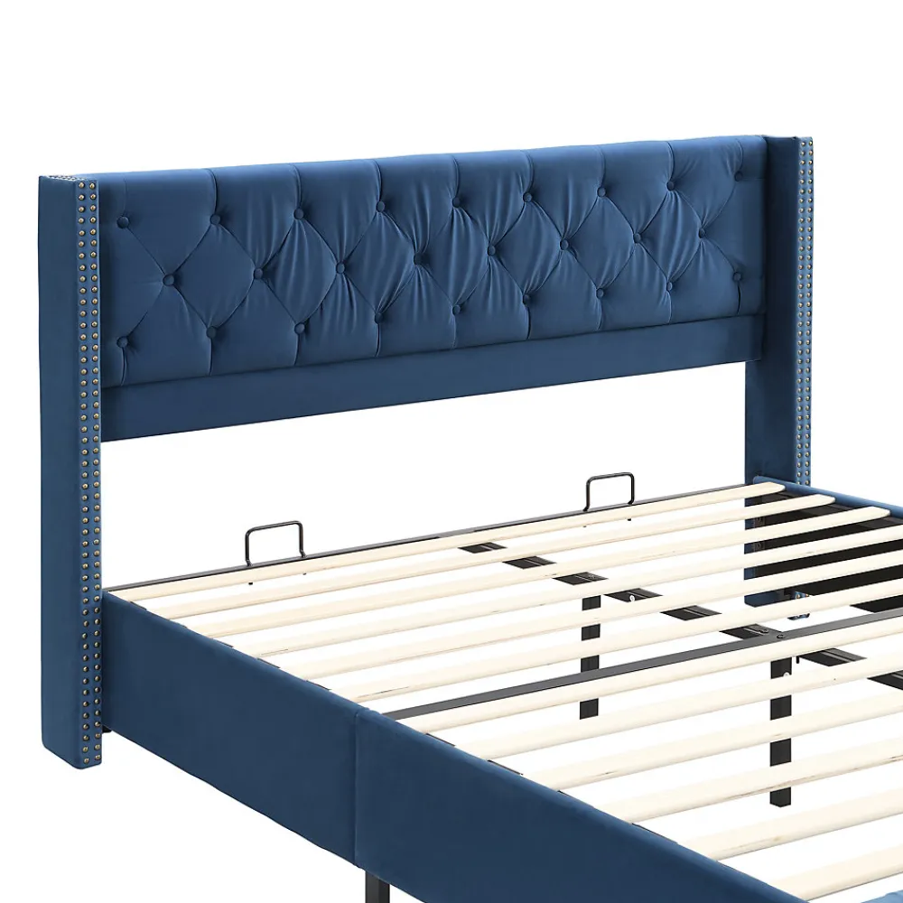Lit Double 160x200 cm - Lit Rembourré avec Tête de Lit Capitonnée - Velours - Sans Matelas - Bleu>Okwish Hot