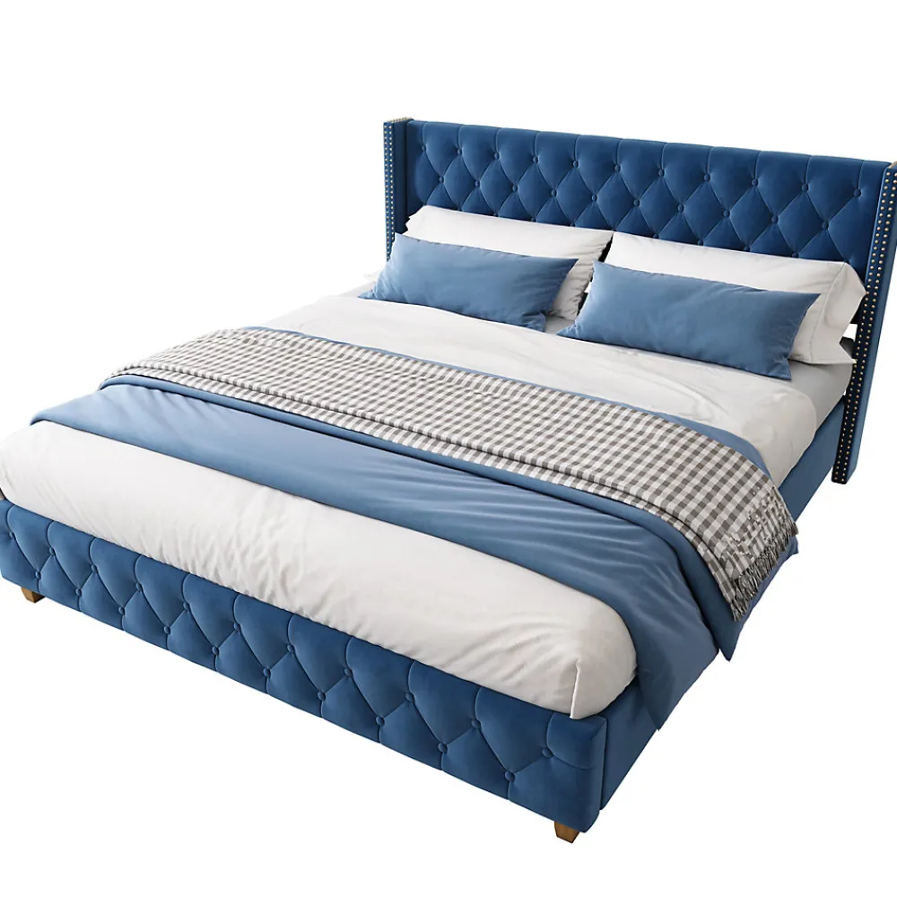 Lit Double 160x200 cm - Lit Rembourré avec Tête de Lit Capitonnée - Velours - Sans Matelas - Bleu>Okwish Hot