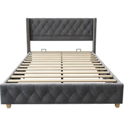 Okwish Lit Double 140x190 cm - Lit Rembourré avec Tête de Lit à Boutons et Sommier à Lattes - Velours - Sans Matelas - Gris* Lit Double