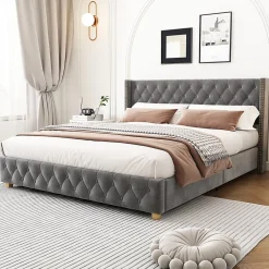 Okwish Lit Double 140x190 cm - Lit Rembourré avec Tête de Lit à Boutons et Sommier à Lattes - Velours - Sans Matelas - Gris* Lit Double