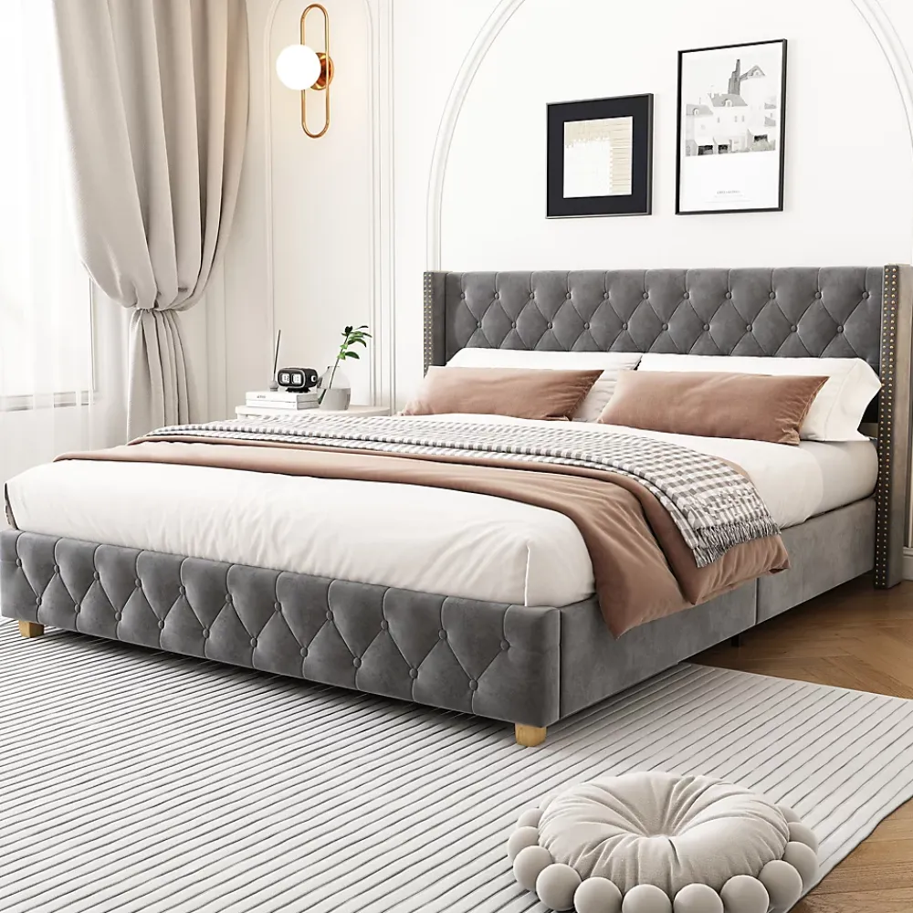 Okwish Lit Double 140x190 cm - Lit Rembourré avec Tête de Lit à Boutons et Sommier à Lattes - Velours - Sans Matelas - Gris* Lit Double